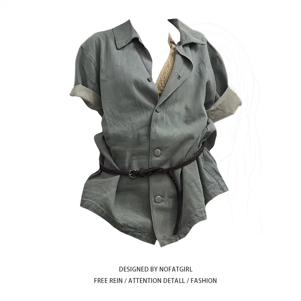 大码胖MM美式复古短袖衬衫女夏季新款宽松休闲百搭小个子上衣外套