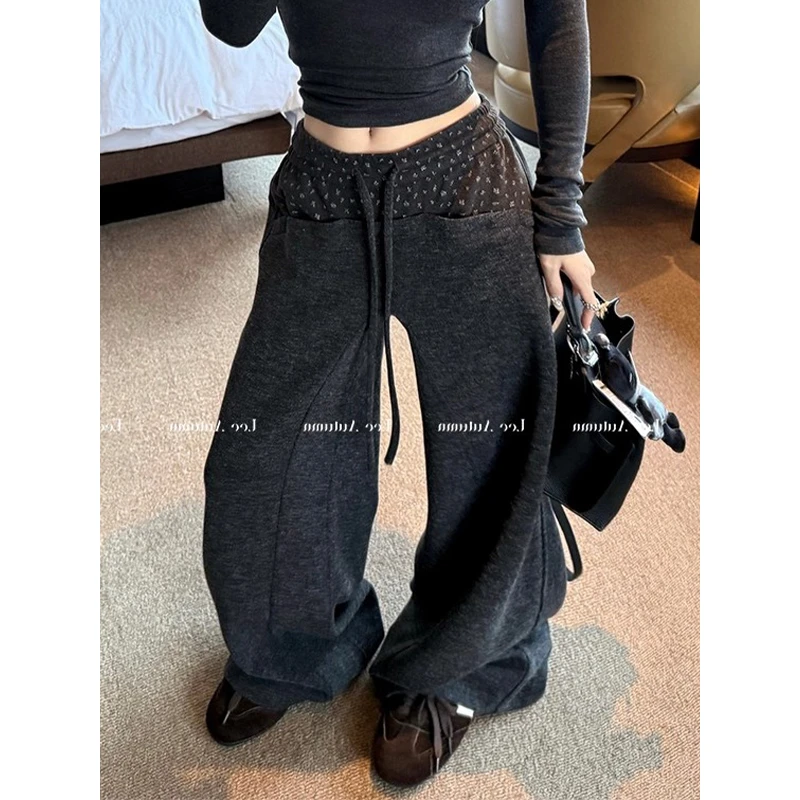 解构美学黑灰色梭织拼接休闲裤女秋冬季高腰宽松针织软糯阔腿长裤