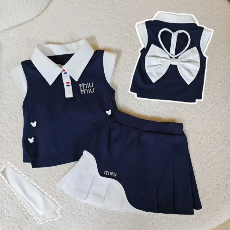 女童套装夏季2025新款儿童韩版学院风蝴蝶结背心百褶裙两件套潮