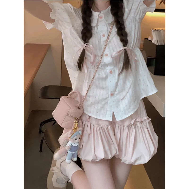 大码夏季甜妹穿搭学院风短袖衬衫上衣半身短裙两件套8010#