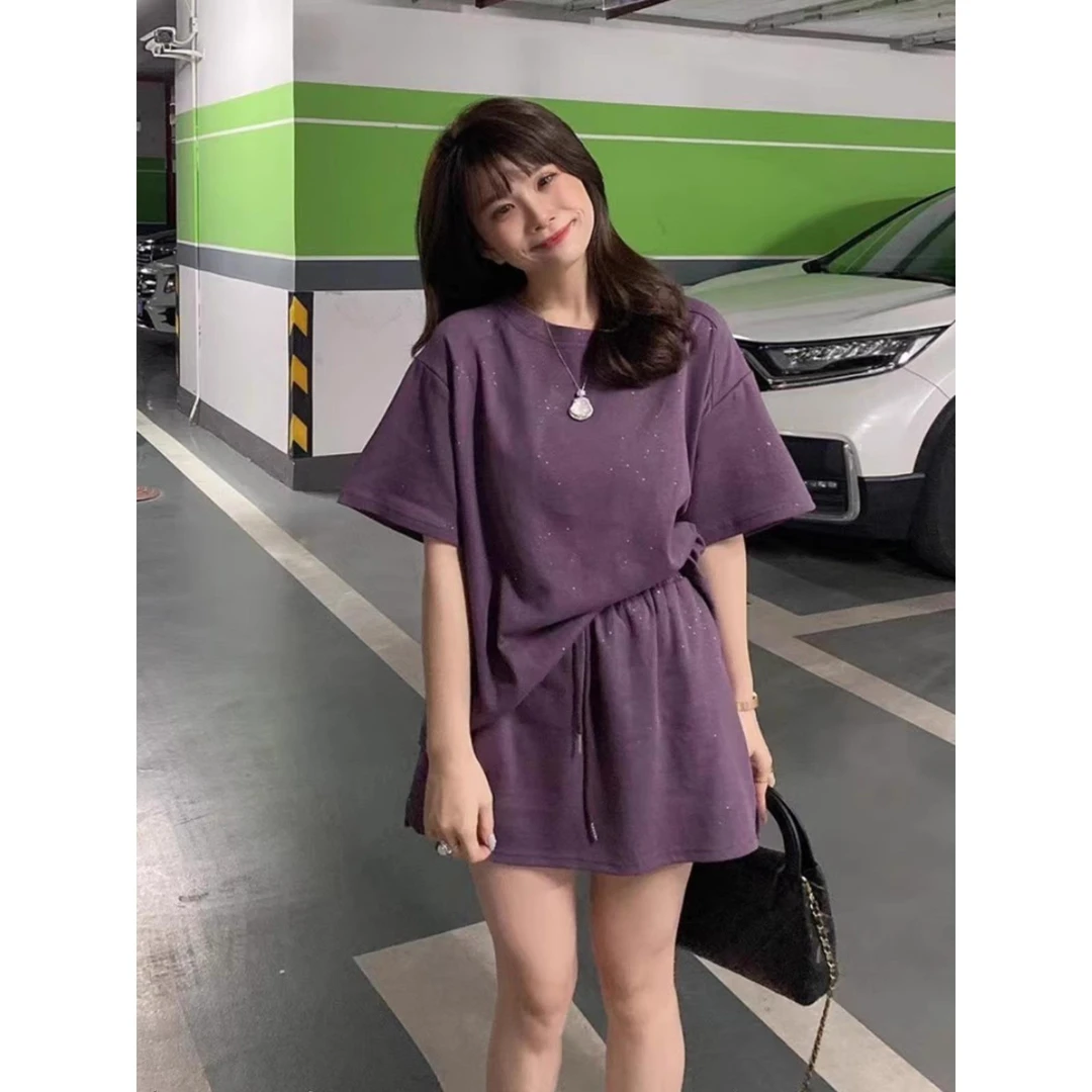 短袖短裤运动套装女夏季薄款外穿时尚紫色宽松休闲跑步服两件套潮