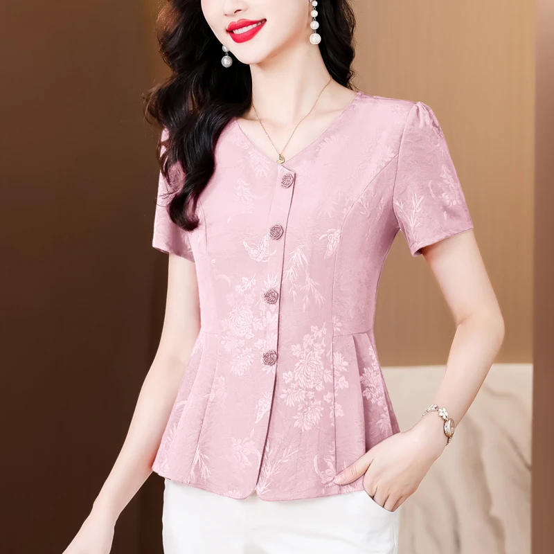 新中式显瘦提花缎面短袖女气质V领衬衫夏季百搭收腰中年复古上衣