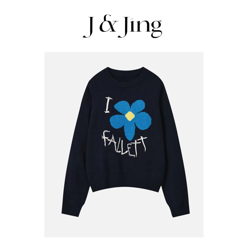 J&Jing-「一朵小花」-韩系冬季宽松百搭撞色小花套头毛衣MD9501