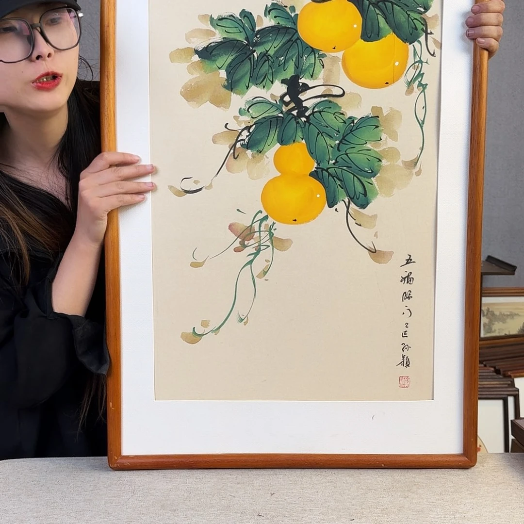 国画纯手绘，纯手写带框尺寸：53×103厘米