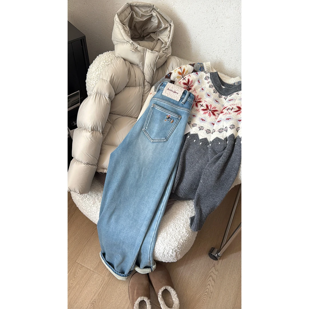 苏安家｜“新年战裤”腊肠狗狗毛绒绒加厚奥利绒微弹窄版拖地牛仔裤