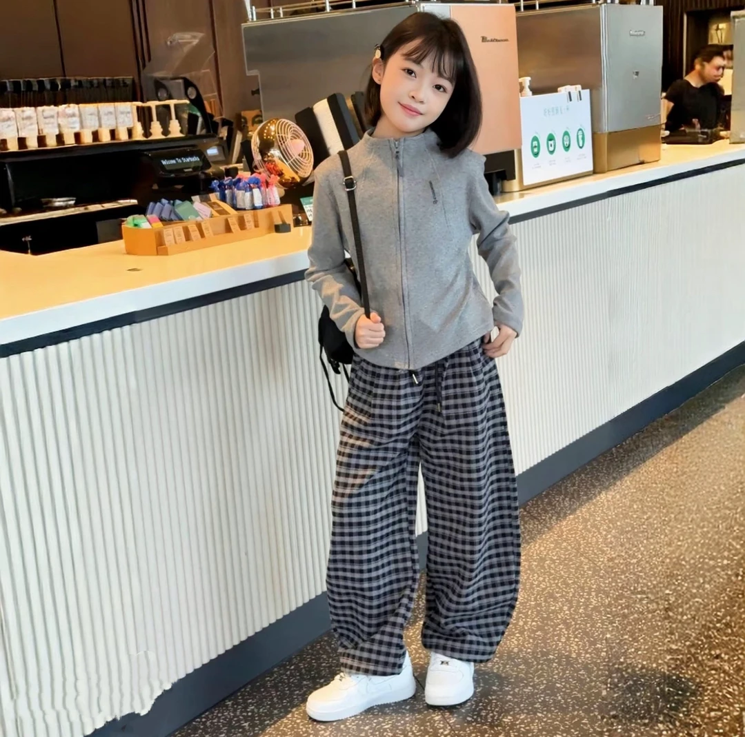女童套装春秋款卫衣格子裤2025新款女孩开衫儿童阔腿裤女大童秋装