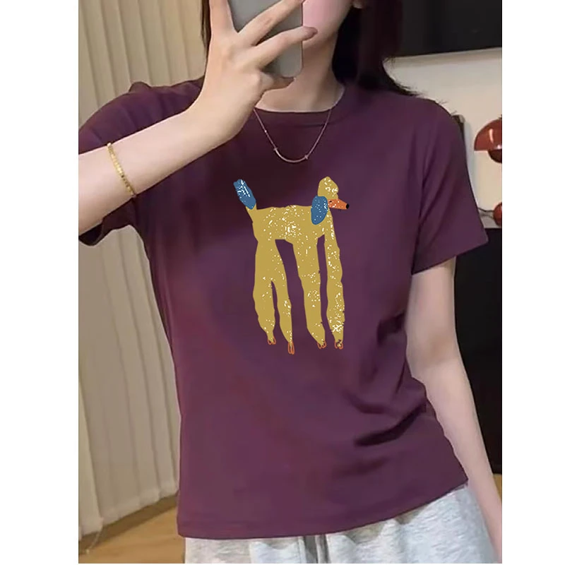 热卖潮款常规正肩圆领紫色短袖t恤女基础款直筒版型显瘦百搭洋气