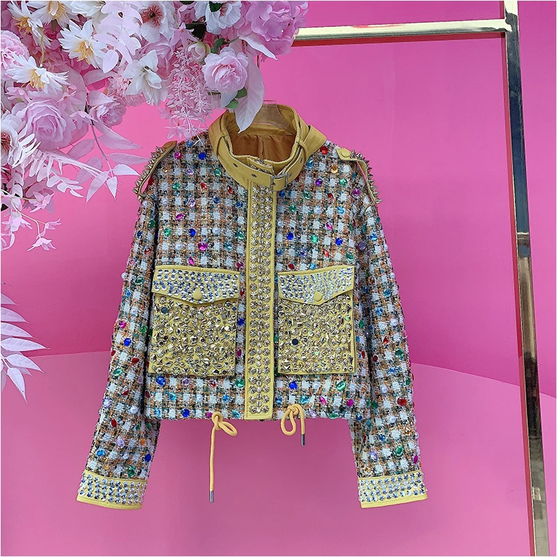 A3330欧美设计师2025秋季新款重工彩色钉钻刺绣拼色小香风外套女