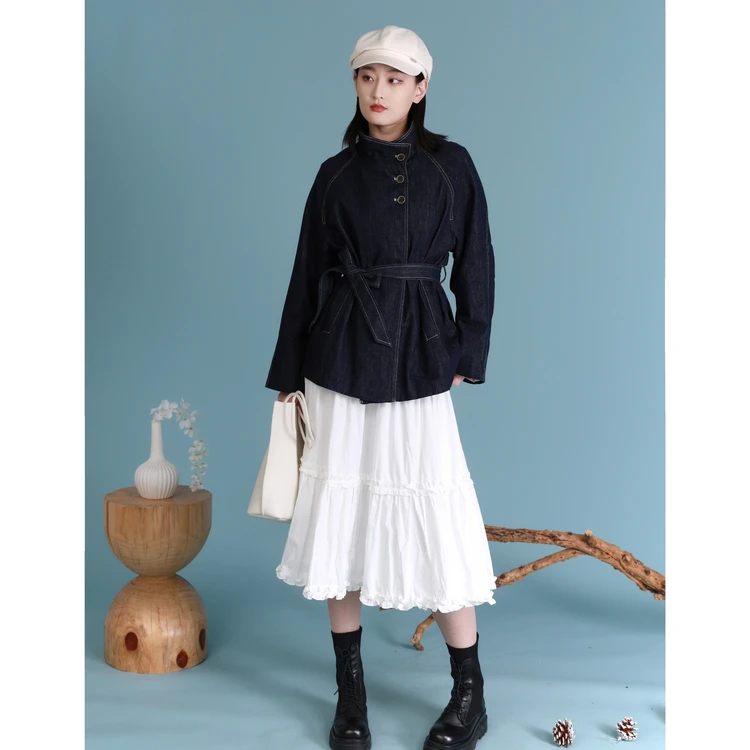 【商场同款新品】西町村屋气质春甜美木耳边拼接长半身裙XHAA10230