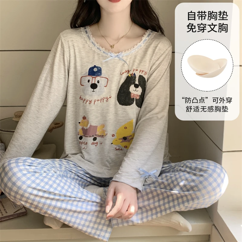 带胸垫睡衣女春秋冰丝带胸垫长袖长裤学生卡通休闲时尚外穿家居服