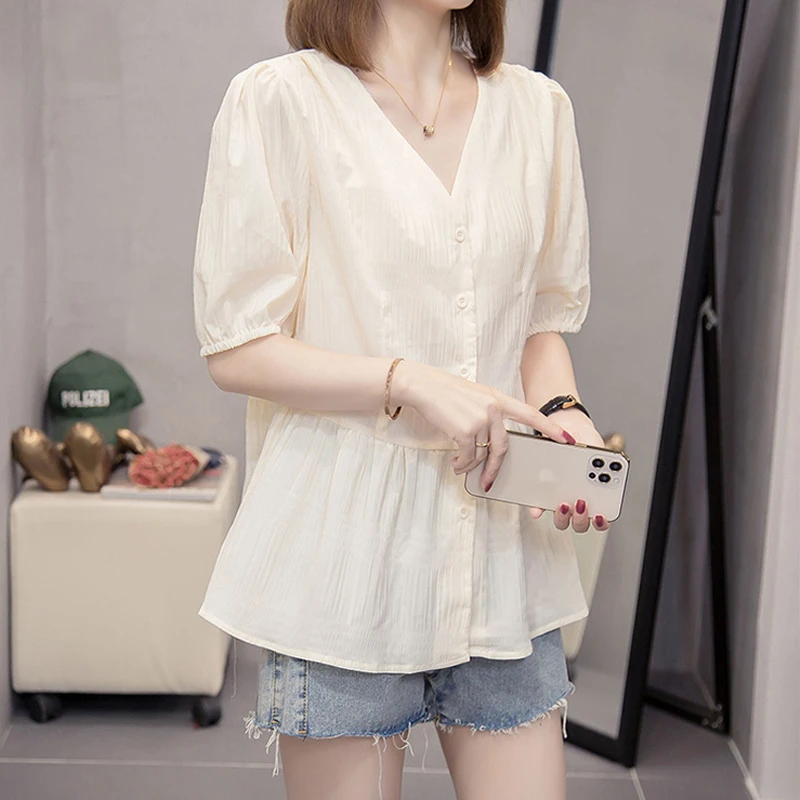 雪纺衫短袖女夏季薄款漂亮减龄宽松遮肚子T恤收腰显瘦V领开衫上衣