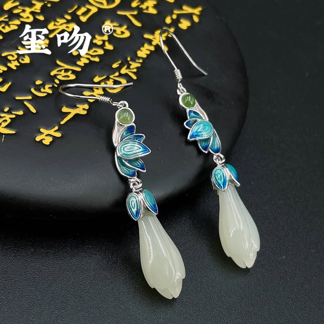 【玺吻】s925银镶嵌和田玉玉兰花荷花珐琅彩耳钩耳环