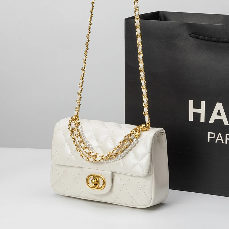 2025新款小香风包包女高级感单肩斜挎包时尚菱格链条包珍珠小方包