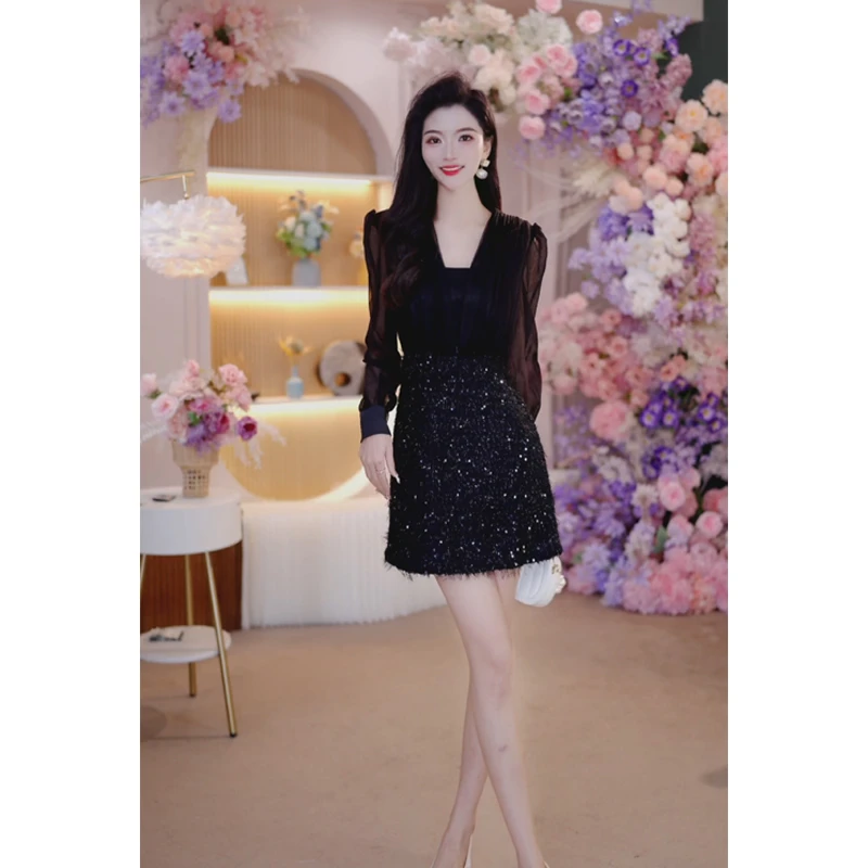 秋季新款气质高级连衣裙收腰显瘦亮片拼接网纱黑色女装礼服裙1827