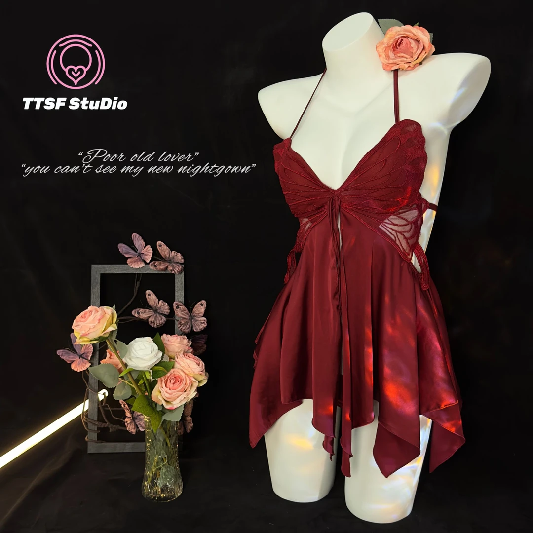 [TT]红碎蝶·原创小众法式睡裙缎面冰丝针织蝴蝶拼接睡裙106