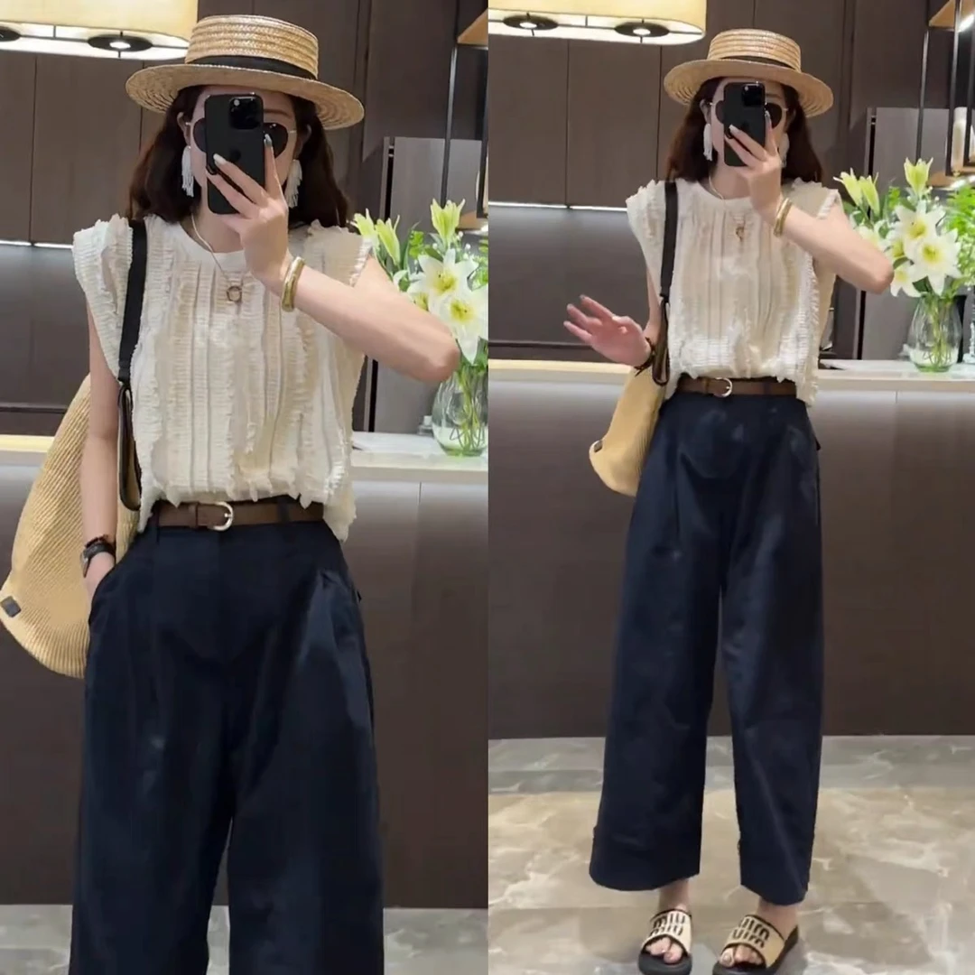 2025夏季新款小众设计款坎肩短袖上衣女高腰显瘦百搭阔腿九分裤女