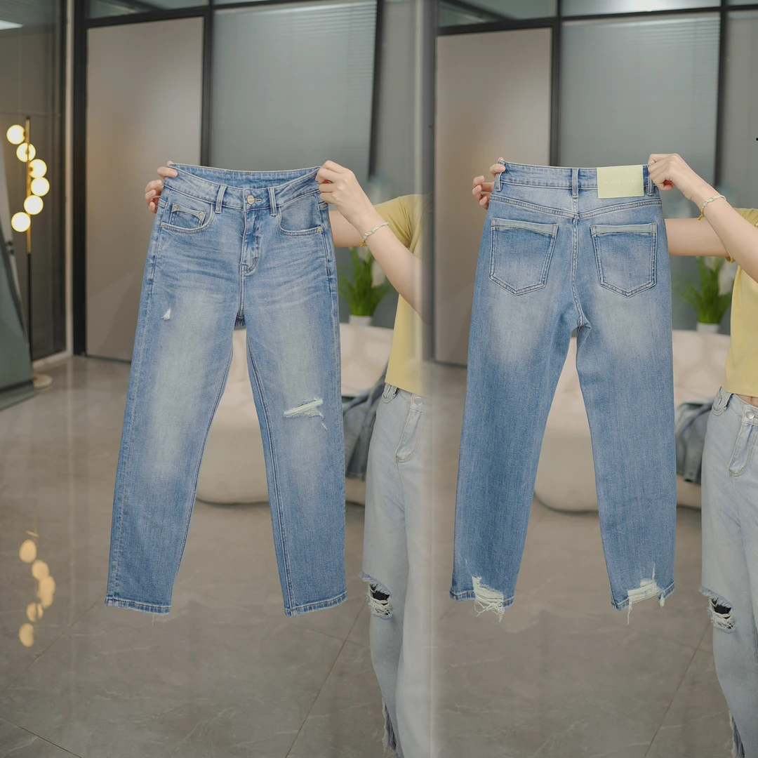 8010-2025年夏季新款小个子八分夏修身显瘦显腿长破洞直筒烟管裤