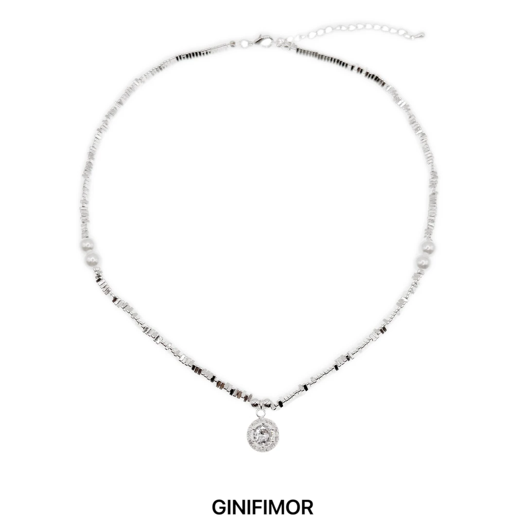 GINIFIMOR 铜仿珍珠项链 a583 碎银子施家仿珍珠圆牌爱心轻奢项链