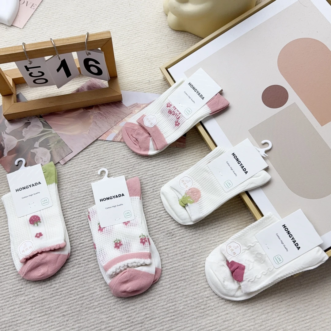 H-1107-16 五双女袜粉色休闲时尚中筒袜