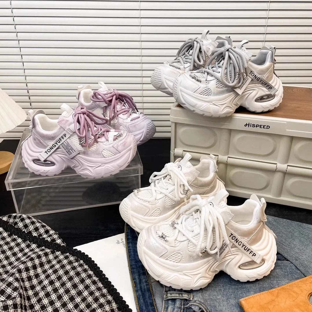 厚底炸街网面老爹鞋女2025春季新款绑带轮胎榴莲底时尚休闲运动鞋