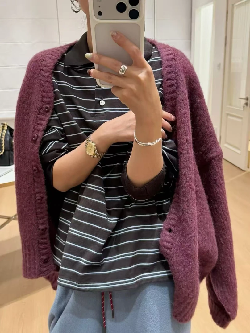 【NO退NO换】韩国丨秋冬慵懒风男友风翻领polo条纹T恤