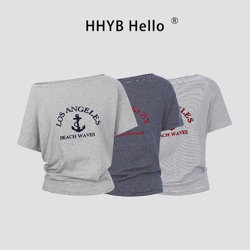 HHYB Hello慵懒风斜肩条纹印花宽松T恤2025新款百搭上衣250578