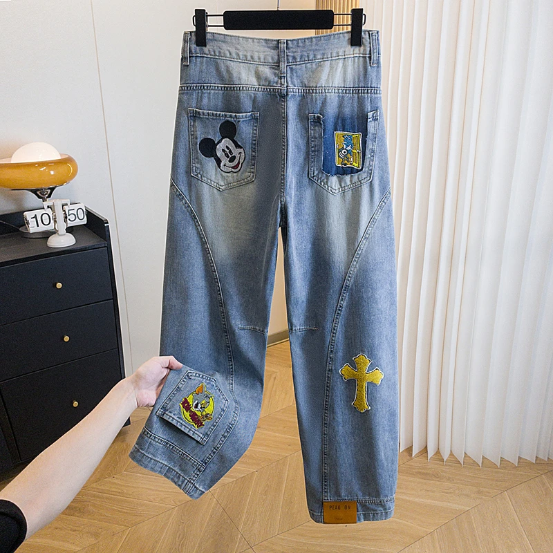 女款网红2025新款微胖大码窄版阔腿裤洋气小众重工刺绣弯刀牛仔裤
