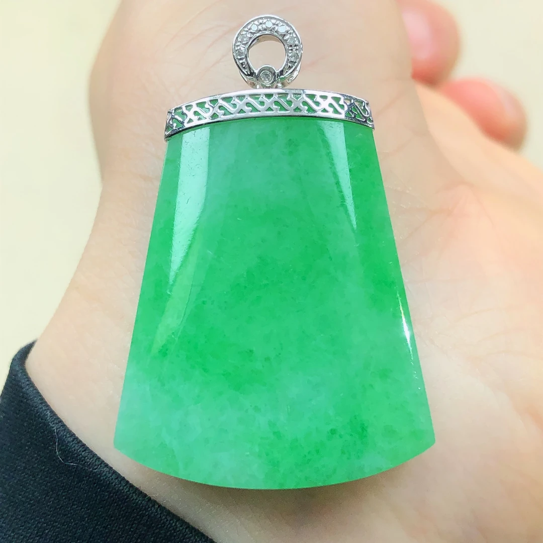 18k金镶嵌天然a货翡翠玉石阳绿平安无事牌梯形方牌子吊坠直播11