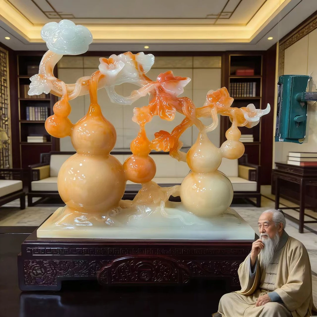 （五福临门）红花冰玉色葫芦高档创意中式前台客厅玄关装饰摆件 YC