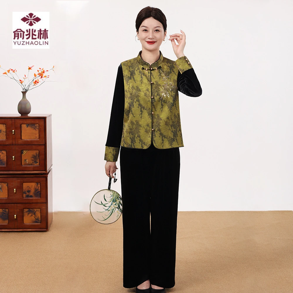 新中式妈妈秋装金丝绒套装喜婆婆婚宴装中老年女装春秋季马甲外套