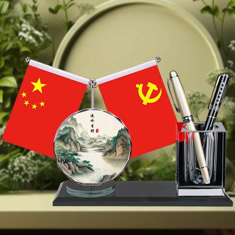 【源头厂家】办公桌国旗摆件水晶笔筒办公室五星小红旗高档实用礼品