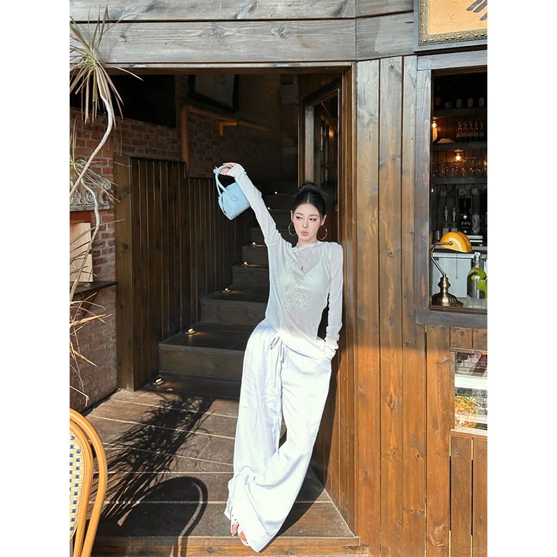 韩系纯欲设计感薄款微透休闲百搭长袖上衣T恤高腰直筒宽松阔腿裤