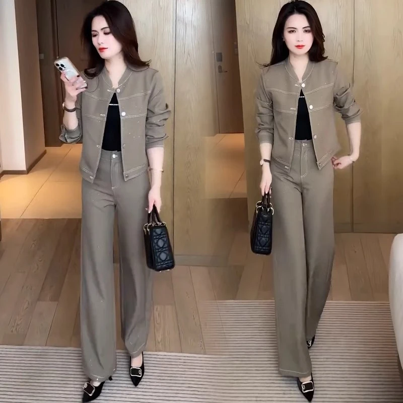 时尚套装女春2025春季新款洋气减龄显瘦圆领短外套阔腿裤两件套潮