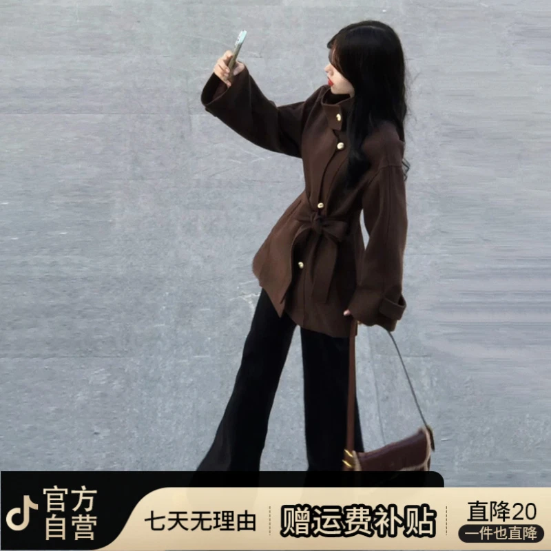 韩系立领棕色毛呢外套女秋冬季2025新款高级感巨好看收腰短款大衣