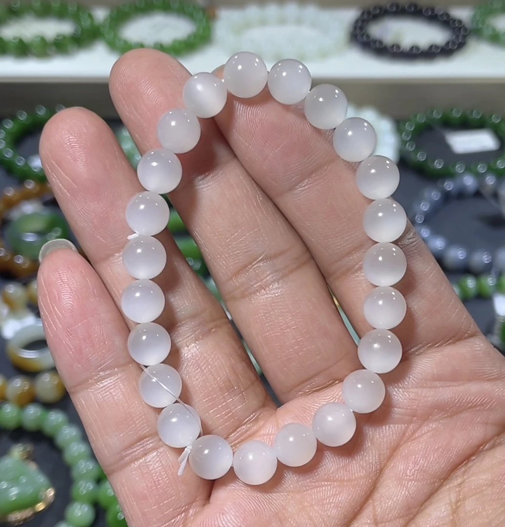 〖藏品级〗天然和田玉手串高冰白手串白月光起猫约8mm单圈