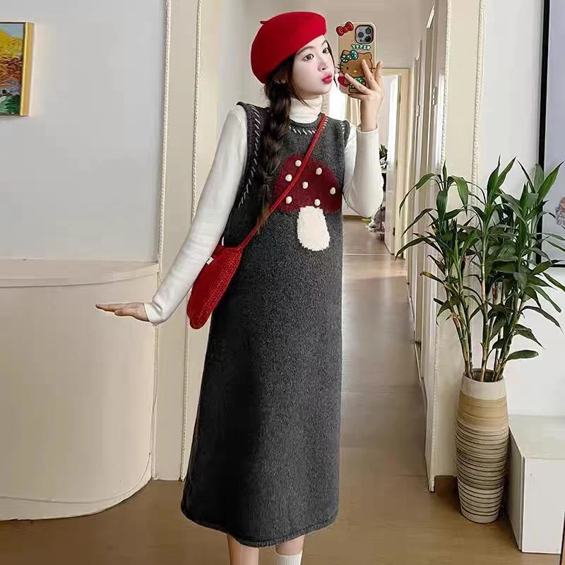 甜美裙子女初秋新款设计感立体小兔子春秋季灰色针织背心连衣裙冬