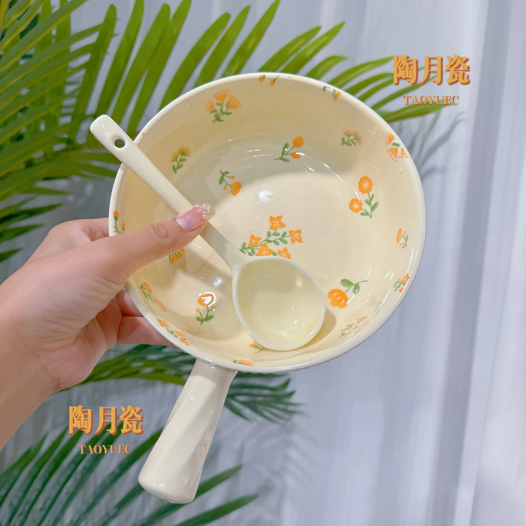 春暖花开系列陶瓷釉下彩高颜值家用创意手把碗加勺