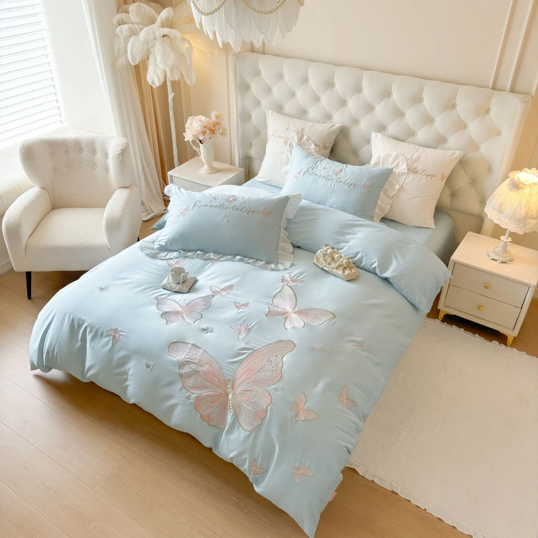 清！蓝绣蝴蝶 全棉100%纯棉可爱卡通风重工绣花款三件套四件套