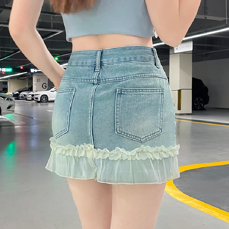 蓝色设计感蕾丝牛仔半身裙女夏季薄款别致时尚洋气修身辣妹短裙子