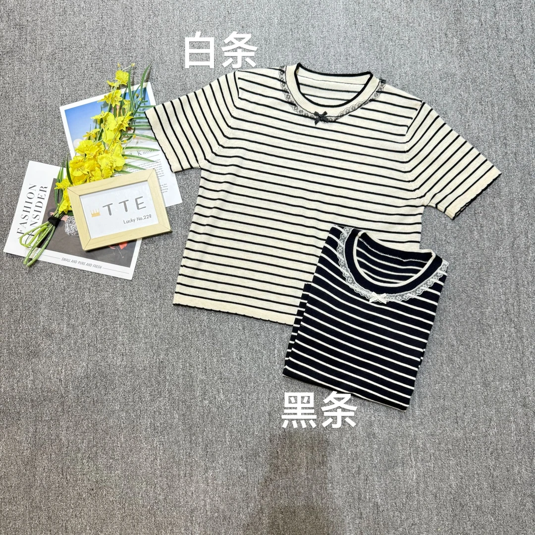【TTE严选】2025春装条纹蕾丝边圆领针织上衣（0308-11）