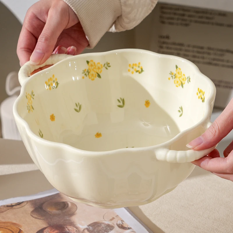 【大汤碗】奶油风琉璃花大容量汤碗勺陶瓷家用汤勺双耳餐具组合