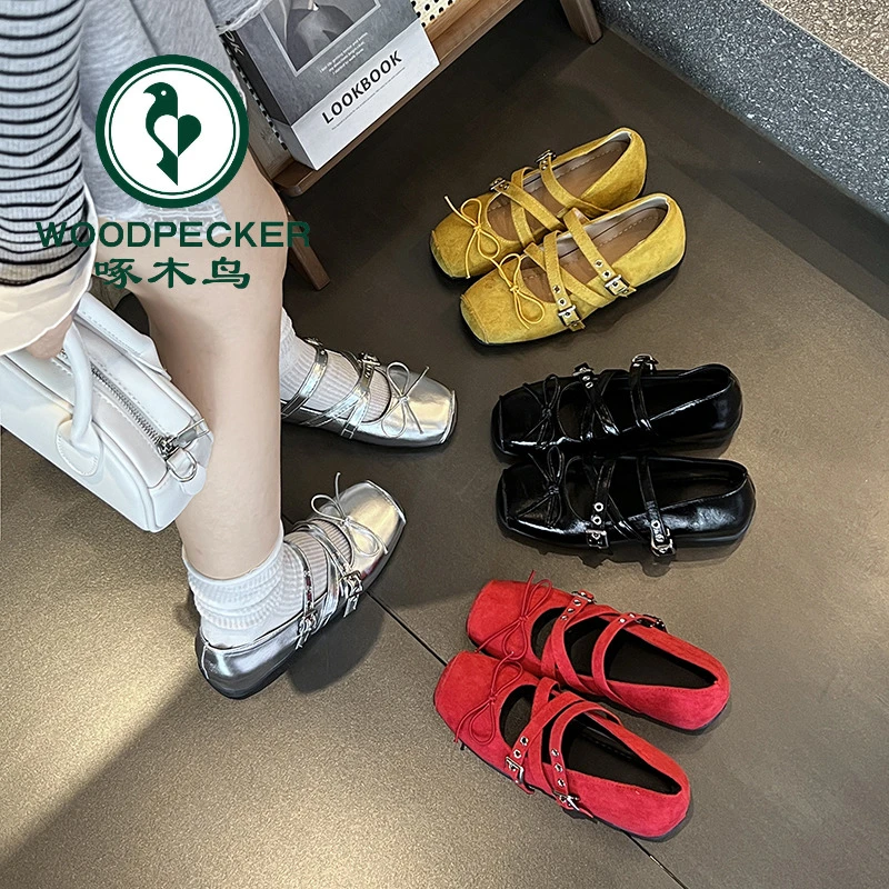 啄木鸟玛丽珍鞋女2025新款复古方头芭蕾舞鞋女法式浅口一字扣女鞋