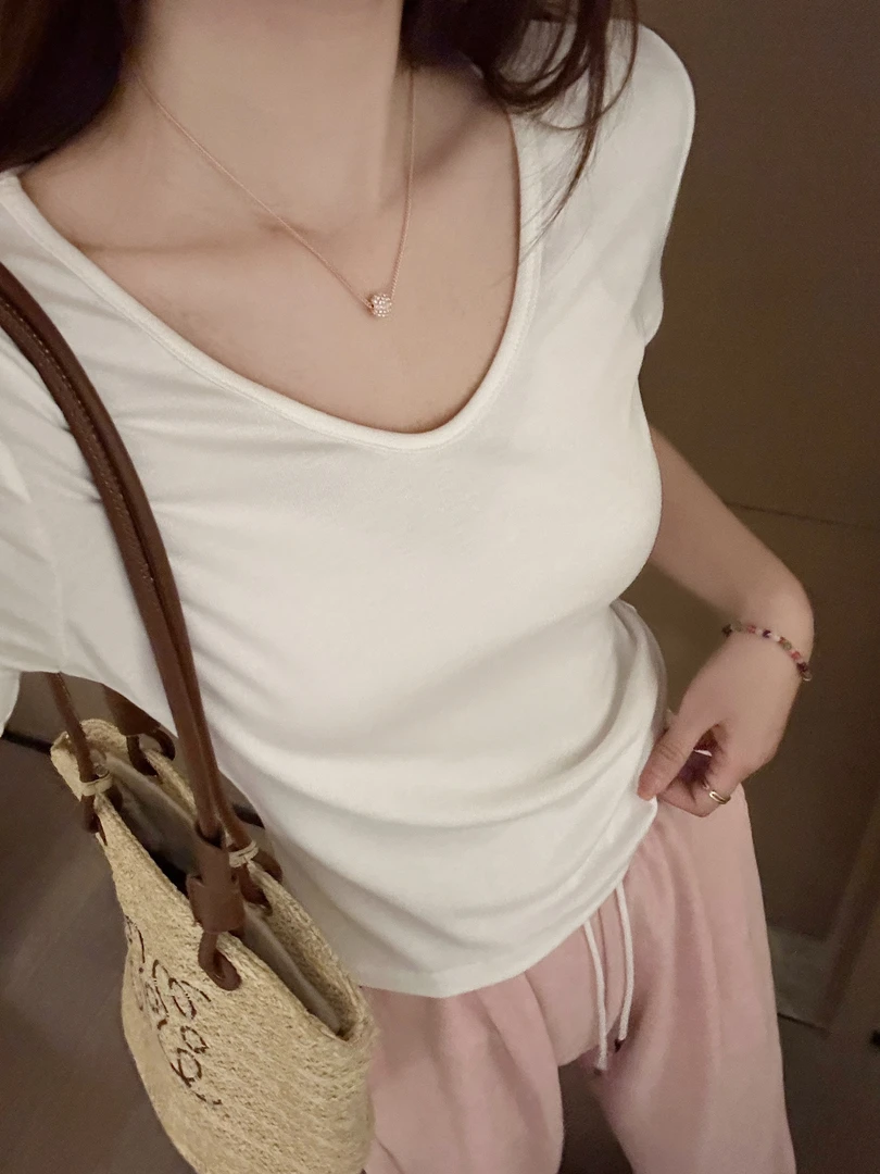 螺纹V领慵懒宽松型显瘦短袖常规T恤2025新款小众白色打底衫t恤女