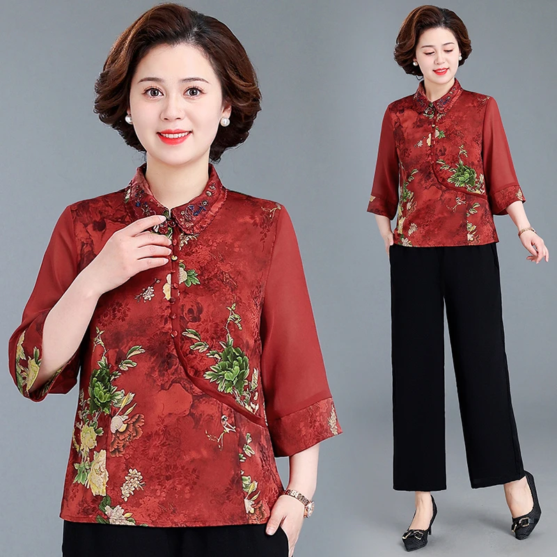 中年妈妈夏装冰丝短袖T恤上衣洋气中老年人女春夏新中式国风上衣