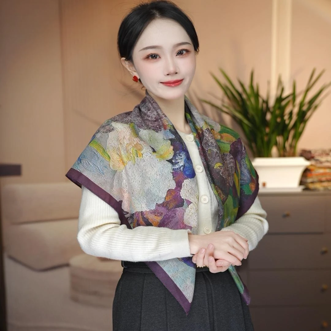 油画-P12 时尚 磨毛绒 双面异色 85x85 百搭 舒适 保暖 设计师款