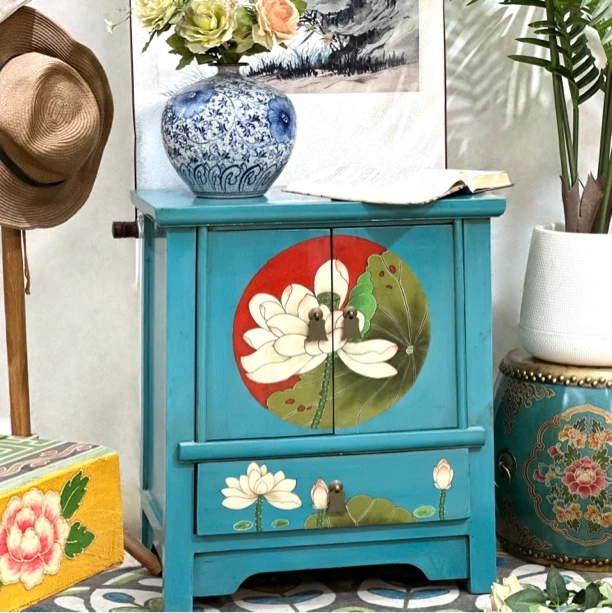 实木手绘荷花床头柜古典中式储物柜复古轻奢小矮柜彩绘收纳柜