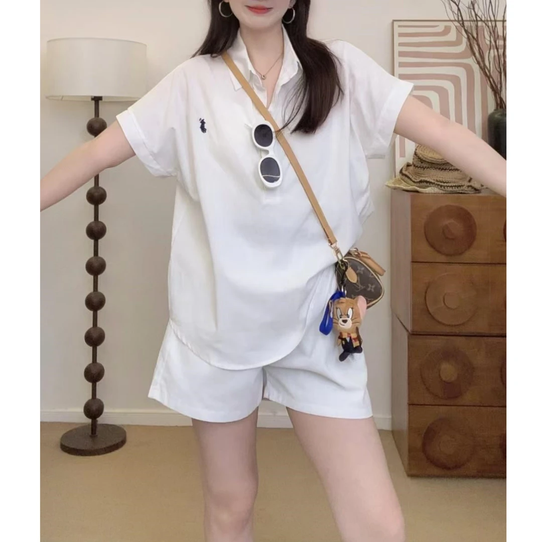 老钱风薄款套装女刺绣宽松显瘦时尚百搭翻领短袖POLO领上衣+短裤
