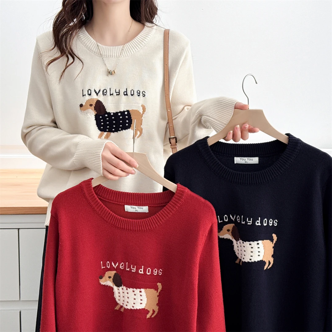 大码胖mm减龄小狗提花显瘦针织衫女秋冬新款宽松休闲显瘦毛衣5046