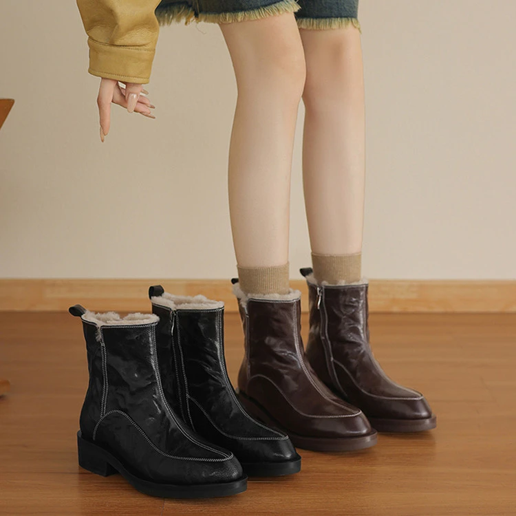 4cm 复古百搭舒适厚底短靴冬季英伦风通勤简约时尚侧拉链保暖短靴