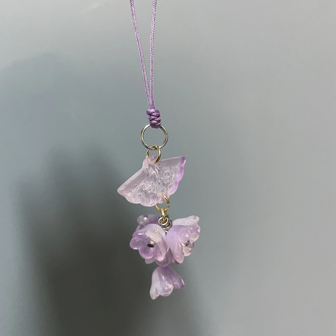 绳编紫色扇子花朵手机坠D742